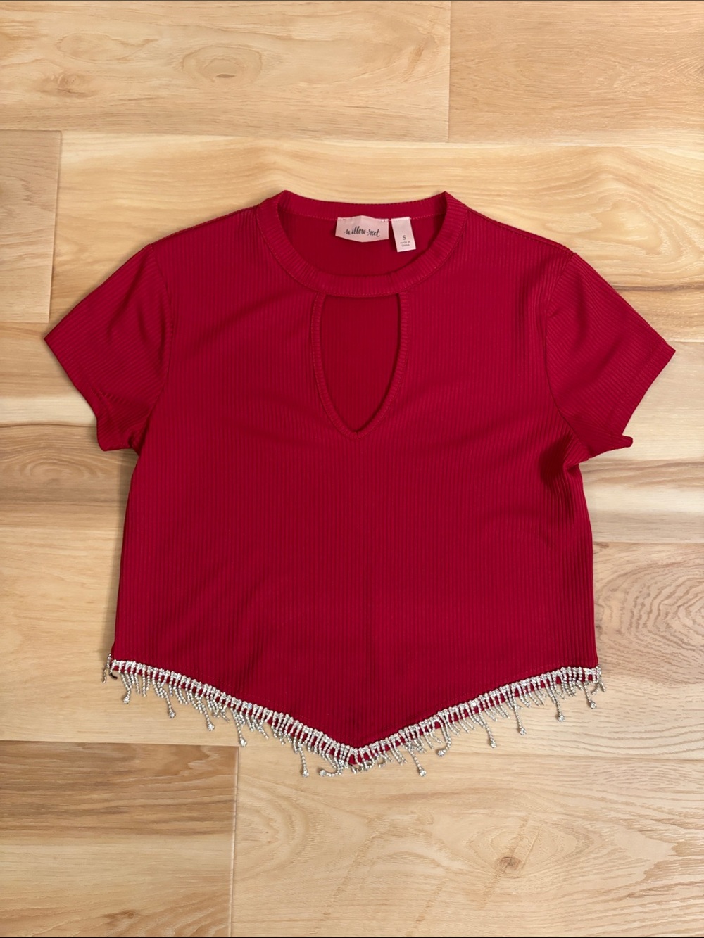 Rhinestone Hem Red Ribbed Keyhole Crop Top
